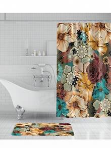 4pcs/Set Floral Pattern Printed Shower Curtain And Bathroom Rugs With 12 Hooks, Non-Slip Bath Mat For Chair, Water Resistant Window Curtain, Home Decor Bathroom Accessories - Multicolor - View 3