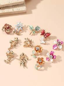 12入隨機發送的鑽石花簇胸針套裝,適用於女性 - 銀色 - 查看 4