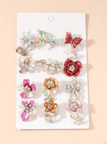 12入隨機發送的鑽石花簇胸針套裝,適用於女性 - 銀色 - 查看 6