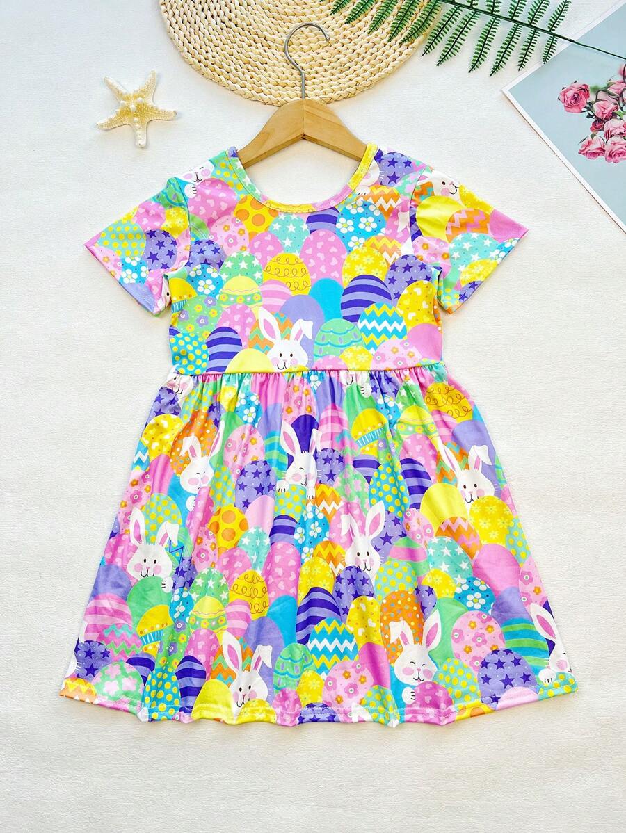 Robe décontractée avec impression de dessin animé animal de Pâques pour jeune fille