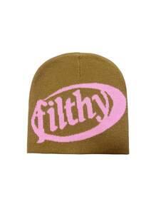 1pc Knitted Warm Hat For Winter Outdoor Activities, Ins Style Beanie With Chic Letters Design, Acrylic - Khaki - View 1