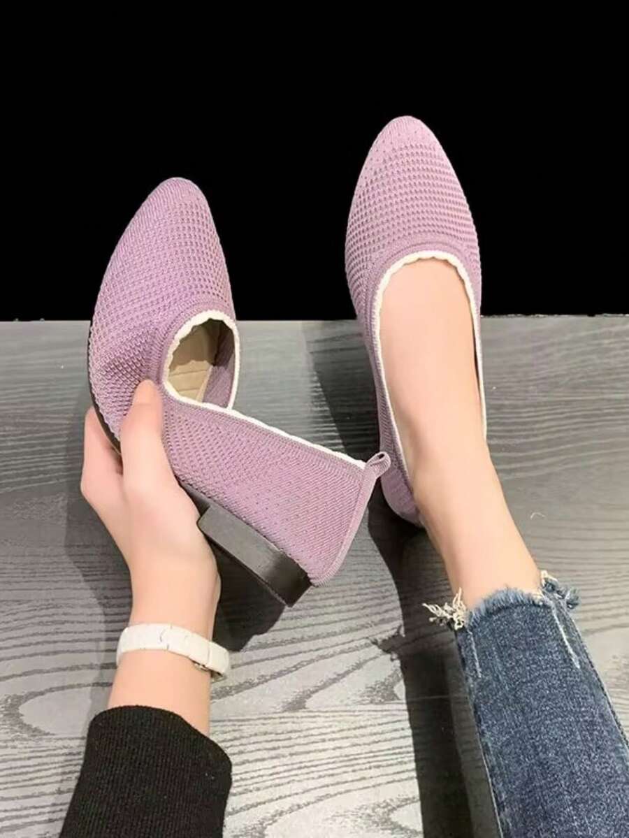 女士平底鞋，尖头针织透气网眼乐福鞋，一脚蹬跑步鞋，糖果色网眼鞋（粉色/黑色/紫色） - 紫色 - 查看 1