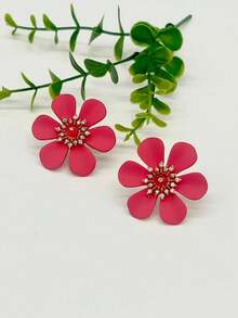 1pair Fashionable Simple Red Flower Stud Earrings - Red - View 2