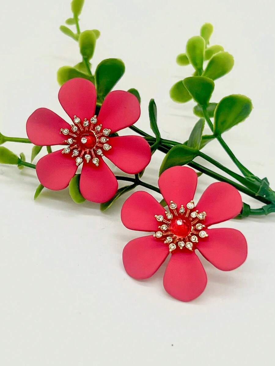1pair Fashionable Simple Red Flower Stud Earrings - Red - View 1