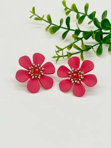 1pair Fashionable Simple Red Flower Stud Earrings - Red - View 3