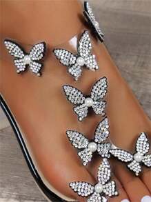 Women's High Heel Sandals, Solid Color, 3d Butterfly, Pearl & Rhinestone Decor, Transparent Strap, Crystal Chunky Heel, Elegant & Gorgeous Style, Ideal For Weddings, Parties, Dates And Daily Wear - Black - View 6