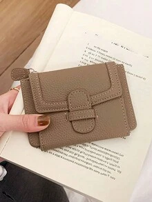 NỮ Màu thuần Quả vải Mẫu Khép kín Nhiều Thẻ Máy đánh bạc Gấp ba Chiều Ví thẻ Ví Đối với Sinh viên Với dây kéo Huy hiệu tiền xu) Túi - màu nâu - Xem 5