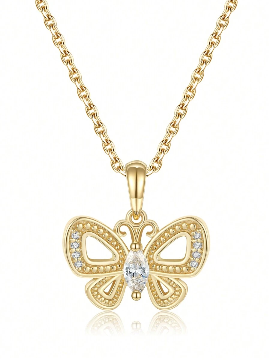 1件 S925 純銀電鍍14k金質懷舊蝴蝶設計手工吊墜項鍊,適合女性日常聚會和約會 - 金黃色 - 查看 1