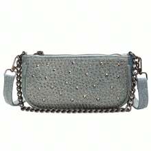 經典牛仔布金屬裝飾斜跨包，適合上班族、辦公室女性通勤，帶有卡片口袋的休閒母包 - 淺藍色 - 查看 2