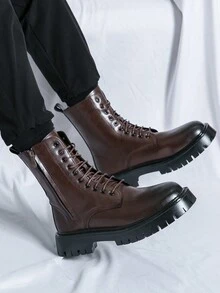 Botas Chelsea Y De Moto Estilo Británico Con Punta Redonda Y Caña Alta Para Hombre - Marrón - Ver 4