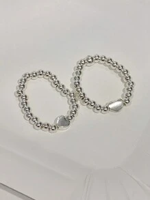 1只s925純銀心形與銀珠戒指,可調節彈性繩配戴,適合作為禮物或日常佩戴 - 銀色 - 查看 3
