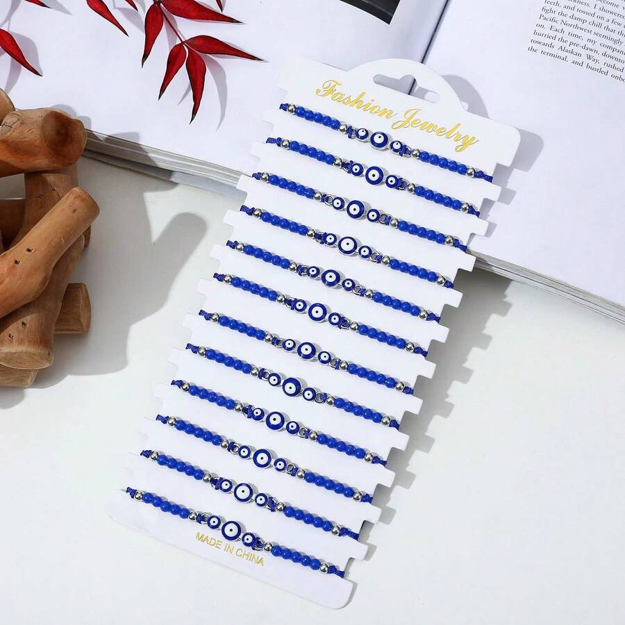 12pcs Fashionable Men's Blue Braided Bracelet Set With Three-Eyed Charm, Suitable For Couple's Lucky Bracelet - Blue - View 1