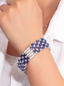 1pc Sparkling Oval Round Dark Blue Cubic Zirconia Big Luxury Women Bracelets For Wedding Brides Party Engagement Unique Festival Jewelry Accessories - Blue - View 6