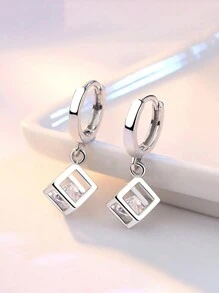1pair Pure 925 Silver Simple Luxury Style Love Cube Shaped Women's Earrings, Fashionable & Luxurious Women's Jewelry Gift - Silver - View 2