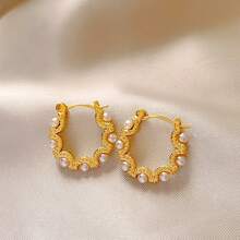 1 对复古风格高端仿珍珠装饰镂空圆形耳钉 - 金黃色 - 查看 4