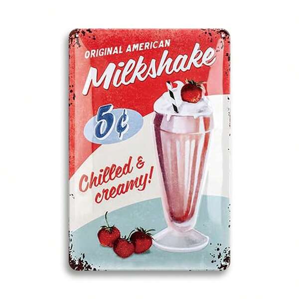 1pc 8*12 Inch Milkshake Gift Idea For USA & Diner Fans, Metal Tin Sign Plaque, Vintage Design For Wall Pub Bar Coffee Decoration Birthday
