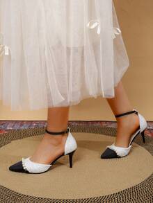 2024夏季新款女式高跟鞋-帶踝帶設計的尖頭珍珠細高跟涼鞋,中空設計,法式風格高跟鞋 - 米色 - 查看 3