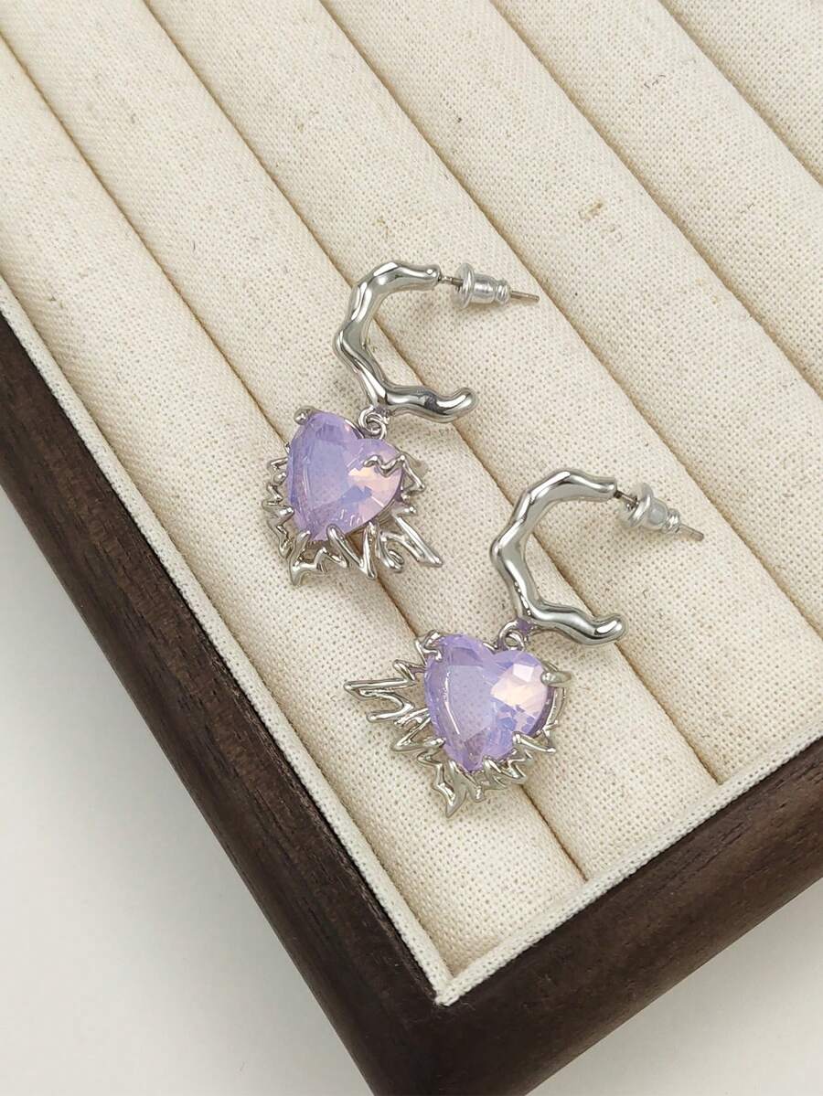 1對時尚電流設計心形寶石嵌入垂墜耳環,適合女性日常佩戴 - 紫色 - 查看 1