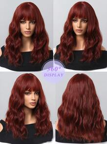 Red Brown Medium Body Wave Synthetic Wig With Bangs Red Curcly Hair For Women Daily Heat Resistant Wigs