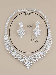 3pcs/Set Flower Shaped Sparkling Rhinestone Silver Color Necklace & Earrings Set For Women, Valentine's Day/Bridal/Prom Jewelry - Silver - View 4