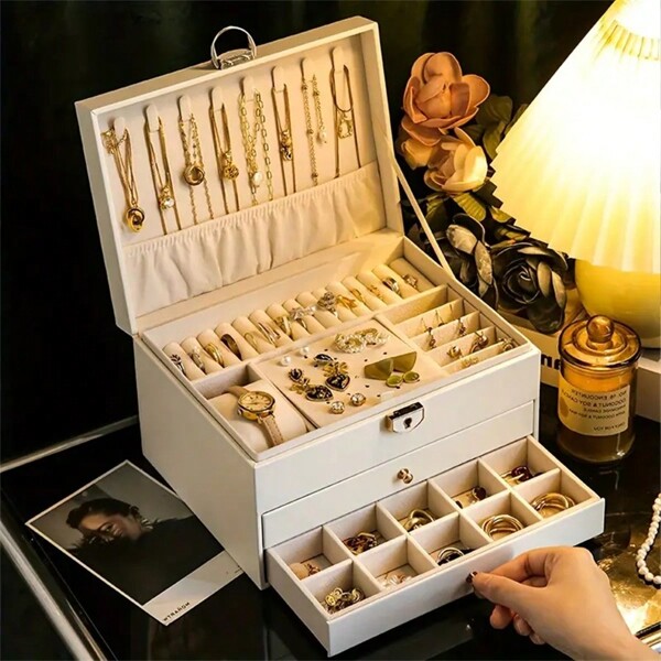 1pc Luxury Double/Triple Layer Jewelry Box With Lock, Multifunctional Pu Leather Jewelry Organizer For Rings, Earrings, Necklaces, Bracelets And Watches