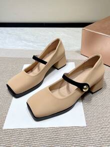 Mũi Vuông, Gót Chunky, Mary Jane, Phong Cách Khối Màu, Giày Nữ, Hàng Mới 2023, gót Giữa, Giày Cao Gót Thời Trang - Màu Khaki - Xem 1