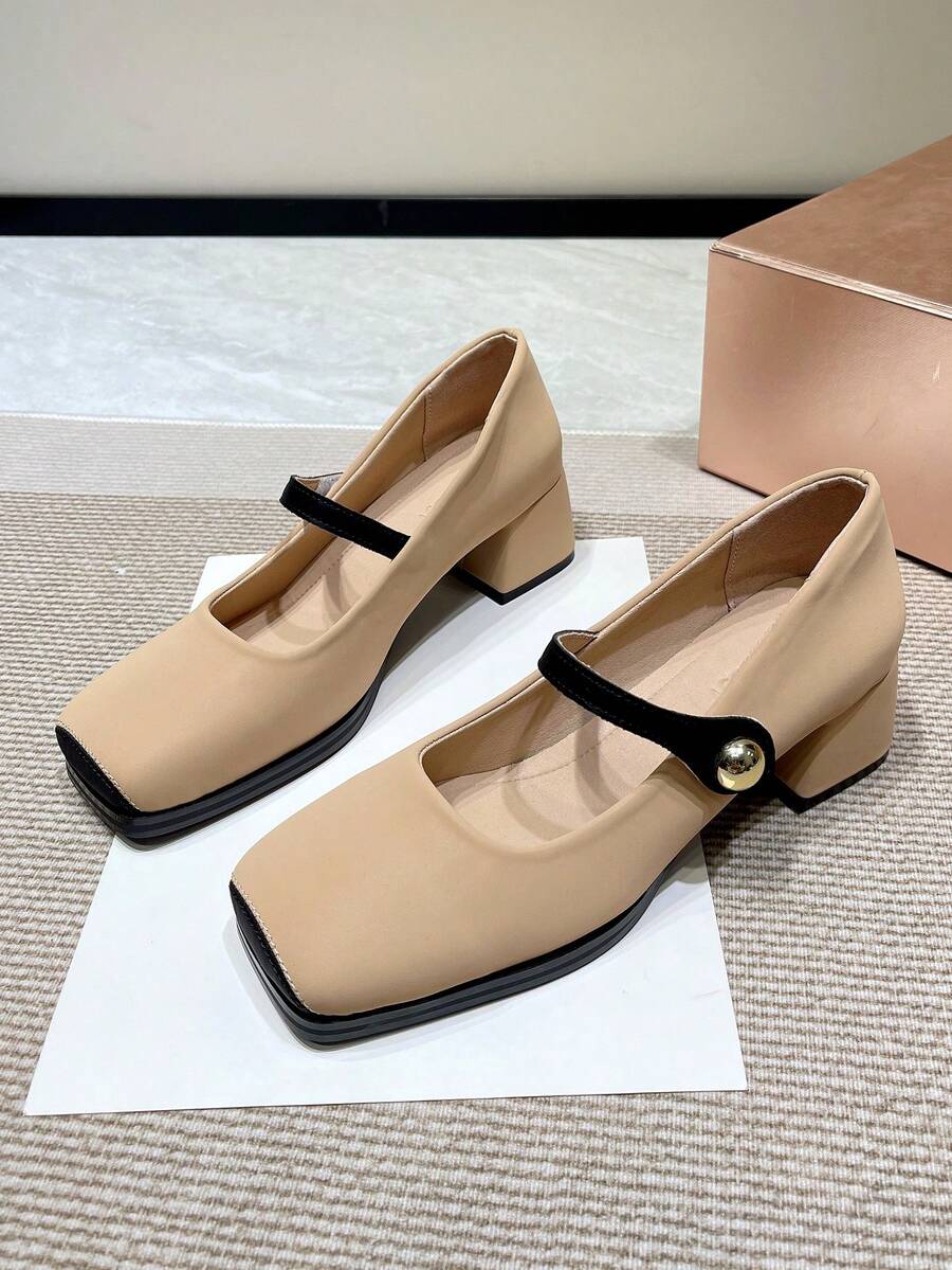 Mũi Vuông, Gót Chunky, Mary Jane, Phong Cách Khối Màu, Giày Nữ, Hàng Mới 2023, gót Giữa, Giày Cao Gót Thời Trang - Màu Khaki - Xem 1