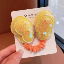 蝴蝶形狀閃爍頭髮繩,兒童專用,無損傷性彈性馬尾捆扎帶,帶有蝴蝶結,適用於女孩 - 黃色 - 查看 2