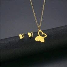 1 套不锈钢蝴蝶吊坠项链 3 件/套，包括简约风格心形吊坠、锁骨链和耳钉，适合毛衣、防锈情人节、妈妈、母亲、母亲节、礼物 - 金色 - 查看 3