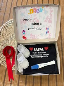 Caixinha Revelação de Gravidez Anuncio de Padrinhos Surpresa com Body Manga Curta e Sapatinho Anúncio Grávida - Azul - Visão 1