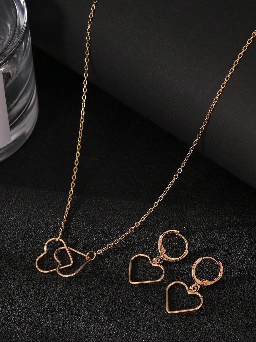 1 套時尚簡約女式金色愛情元素項鍊和耳環套裝,不常見的高檔珠寶 - 金黃色 - 查看 1