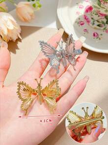2pcs Silver Color Moving Butterfly Hair Clips, Korean Style Simple Hairpins For Girls - Silver - View 5