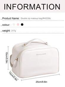 1個半圓形雙拉鍊大容量便攜式雙口袋化妝包實色米色pu皮防水化妝刷收納化妝包,適用於女孩節日必備品,化妝包化妝掛件護膚包化妝和洗漱包行李分裝袋,旅行必備品,度假必備品,宿舍必備品,婚禮伴娘禮物 - 米色 - 查看 5