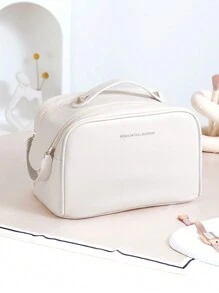 1個半圓形雙拉鍊大容量便攜式雙口袋化妝包實色米色pu皮防水化妝刷收納化妝包,適用於女孩節日必備品,化妝包化妝掛件護膚包化妝和洗漱包行李分裝袋,旅行必備品,度假必備品,宿舍必備品,婚禮伴娘禮物 - 米色 - 查看 1