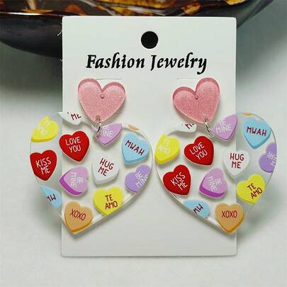 一對精緻的塑膠片印花心形禮物耳環,適合情人節情侶和母親節禮物