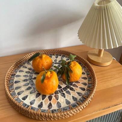 1 件手工藤制餐具托盘，圆形藤制托盘，小吃托盘，用于餐桌装饰，放置咖啡、面包、水果、厨房、圣诞礼物