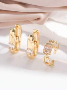3pcs/Set Minimalist, Elegant, Chic, Avant-Garde, Luxurious, Delicate, Stylish, Versatile, Upscale, Fashionable, Unique, Eye-Catching, Oval Shaped Brass Earrings & Padlock Look Single Ring & Jewelry Set With Shiny Stone, For Women And Girls, Suitable For Graduation, Vacation, Beach, Party, Wedding, Bridesmaid, Best Friend, Girlfriend, Birthday, Confession, Couple, Teacher'S Day, Mother's Day, Valentine's Day, Goddess Day, Thanksgiving Day, Gift - Yellow Gold - View 6