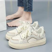 百搭女鞋新款舒适透气单鞋韩版休闲运动鞋平底系带小白鞋防滑散步鞋 - 卡其色 - 查看 4