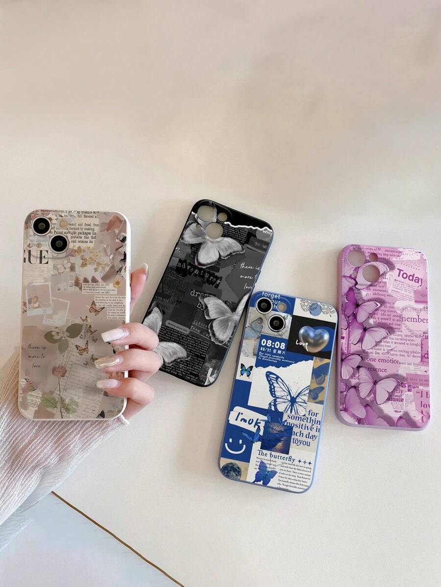 4入組英式蝴蝶印花3D卡通防摔手機殼，精密孔洞設計，適用於蘋果、三星、小米、紅米手機 - 彩色 - 查看 1