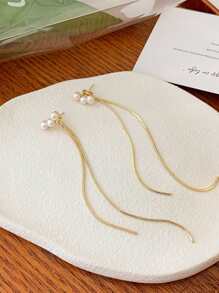 topshiny 韓國1對仿珍珠長流蘇轉換式耳環,獨特優雅設計,適用於女性的體面時尚配飾 - 金黃色 - 查看 7