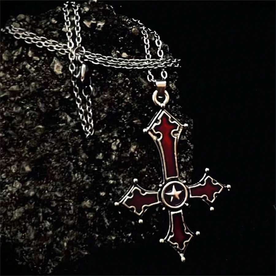 1pc Gothic Style Upside Down Cross Pendant Necklace, Punk Cross Shaped Jewelry - Red - View 1