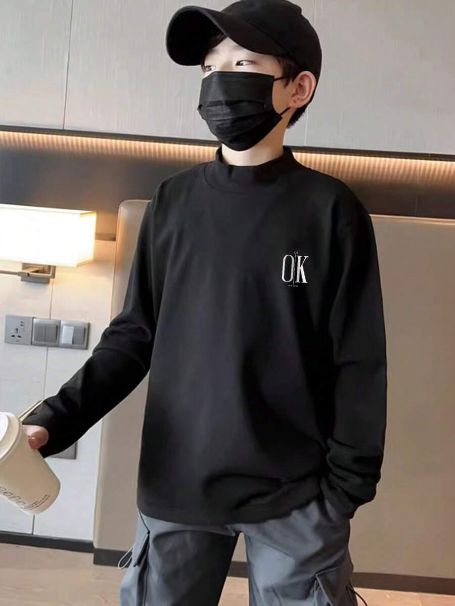 Tween Boys' Basic Derong Long Sleeve Stand Collar T-Shirt - Black - View 1