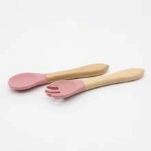 Baby Silicone Feeding Set, Cartoon Crab-Shaped Plate With Wooden Spoon And Fork,  And Non-Slip