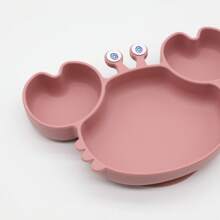 Baby Silicone Feeding Set, Cartoon Crab-Shaped Plate With Wooden Spoon And Fork,  And Non-Slip