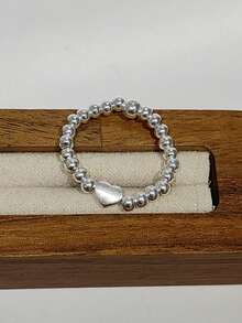 1只s925純銀心形與銀珠戒指,可調節彈性繩配戴,適合作為禮物或日常佩戴 - 銀色 - 查看 11