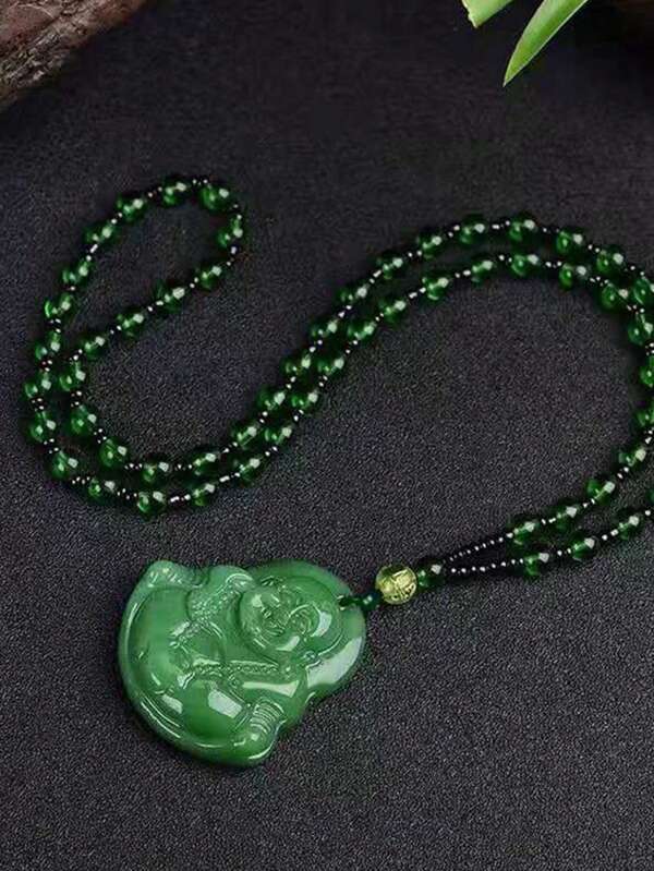 1pc Dark Green Buddha Pendant Necklace, Medium-long Style Sweater Chain Accessory