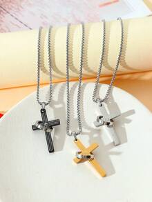 Goodwaro 1pc Creative Stainless Steel Finger Ring Buckle, Mixed Color & Engraved Cross Pendant Necklace For Men's Daily Wear - Multicolor - View 1