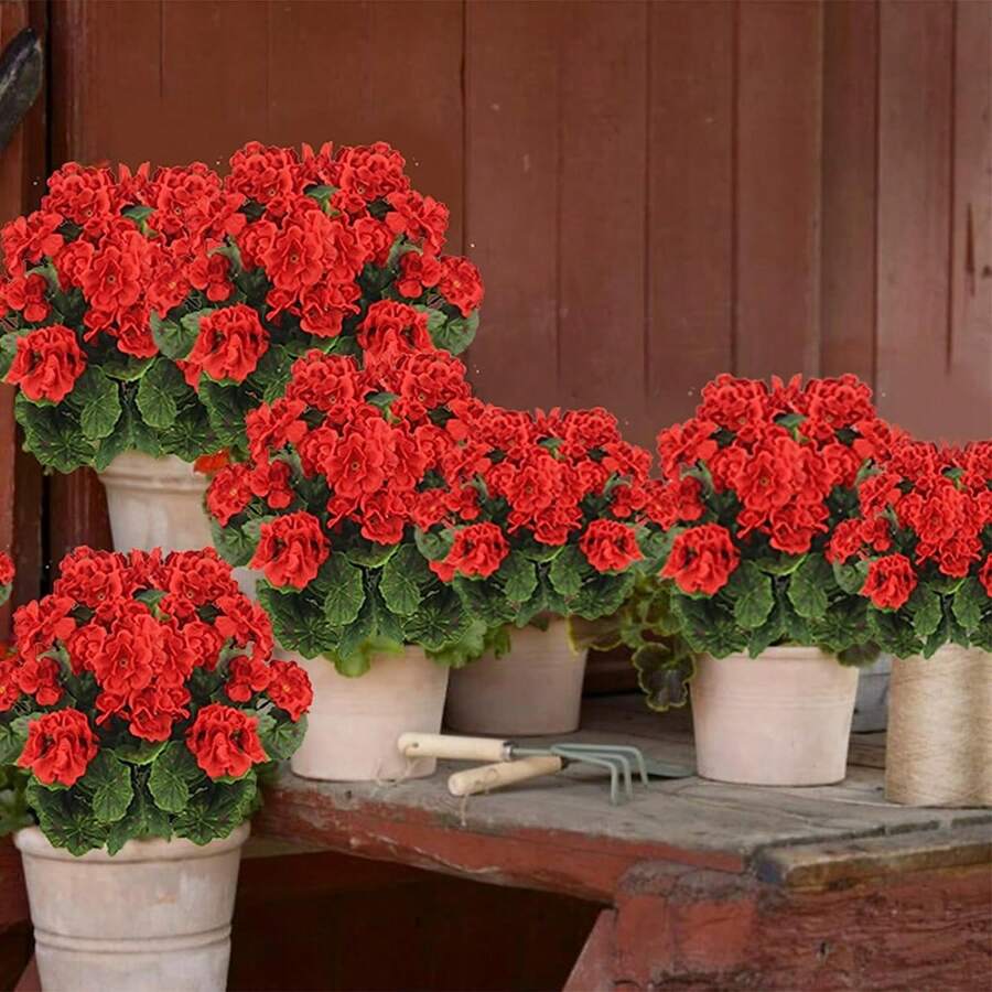 1/2/4pcs 14" Large Artificial Geranium Faux Plastic Purple Flowers For Home Wedding Kitchen Garden Table Centerpieces Indoor Outdoor Decor Fake Plants Room Decor Fall Decor Autumn Decor Centerpieces, Valentine Day, Gift Gifts Birthday Graduation - Red - View 1