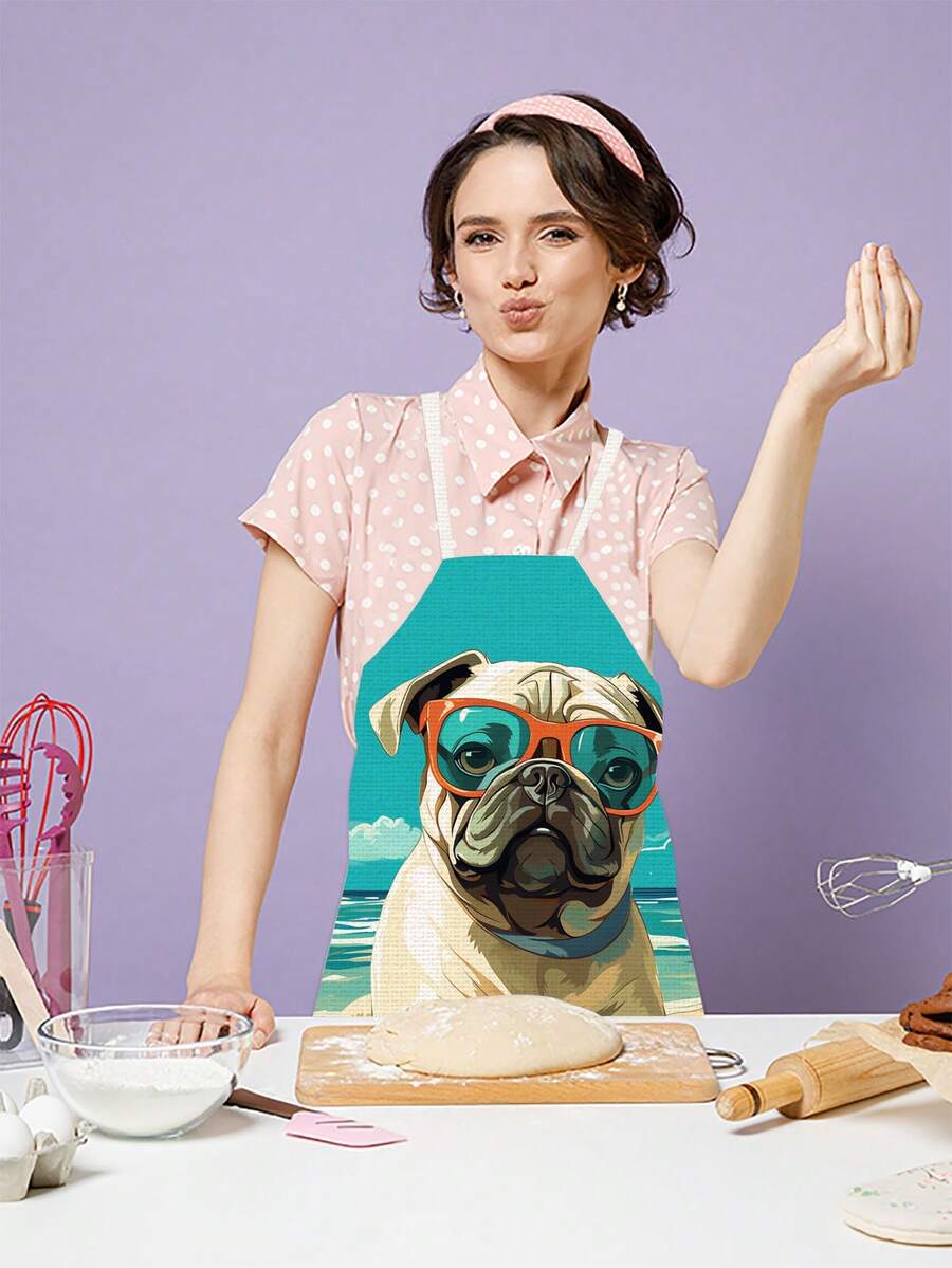1件喜悅狗卡通動物印花單面亞麻圍裙 - 彩色 - 查看 1