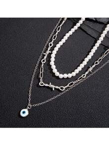 3pcs Set Faux Pearl Necklace Jewelry Women Men Hip Hop Cool Thorns Glasses Clavicle Chain Jewelry Sets - Apricot - View 3